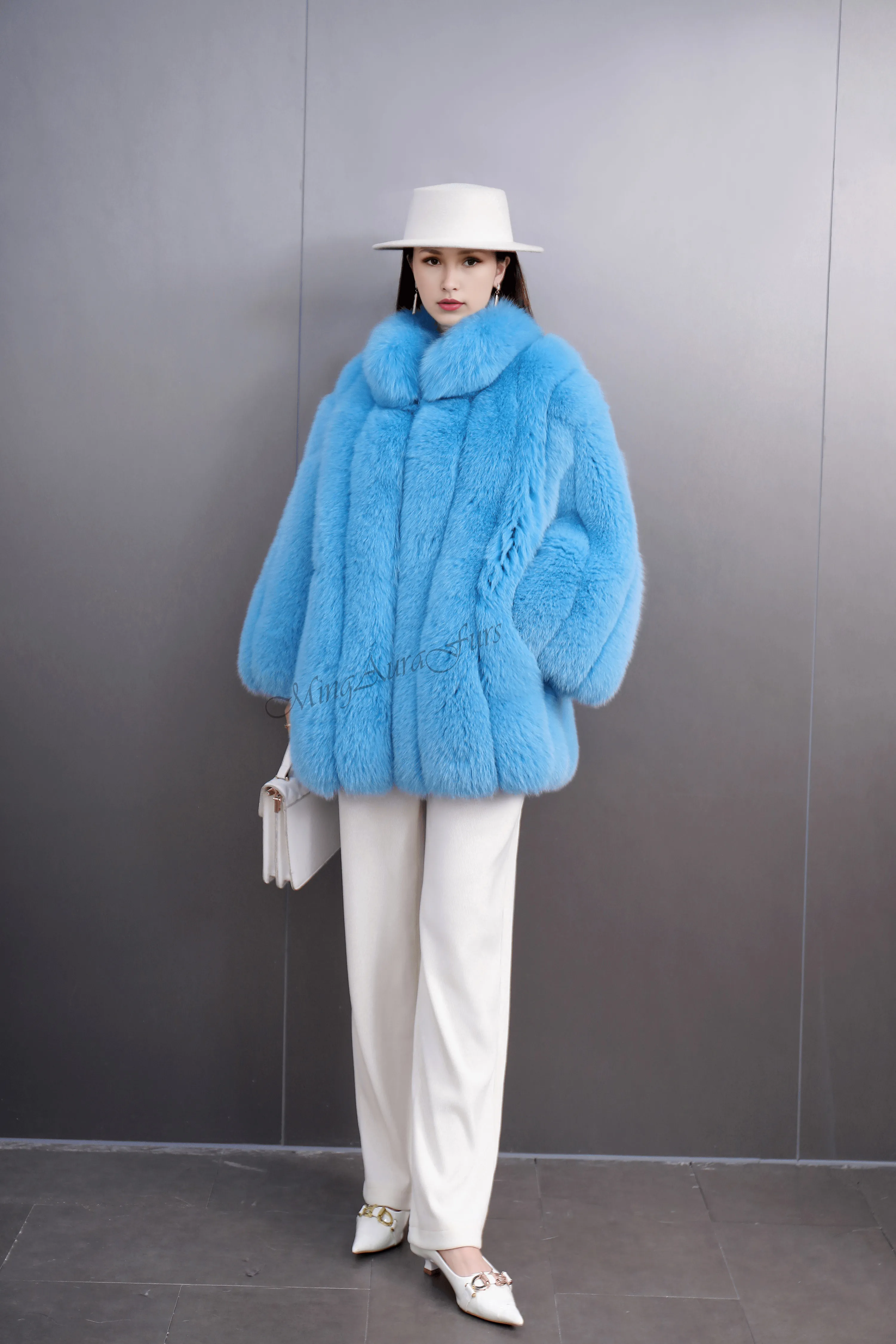 Women's Real Fox Fur Coat - White Fox - G0034