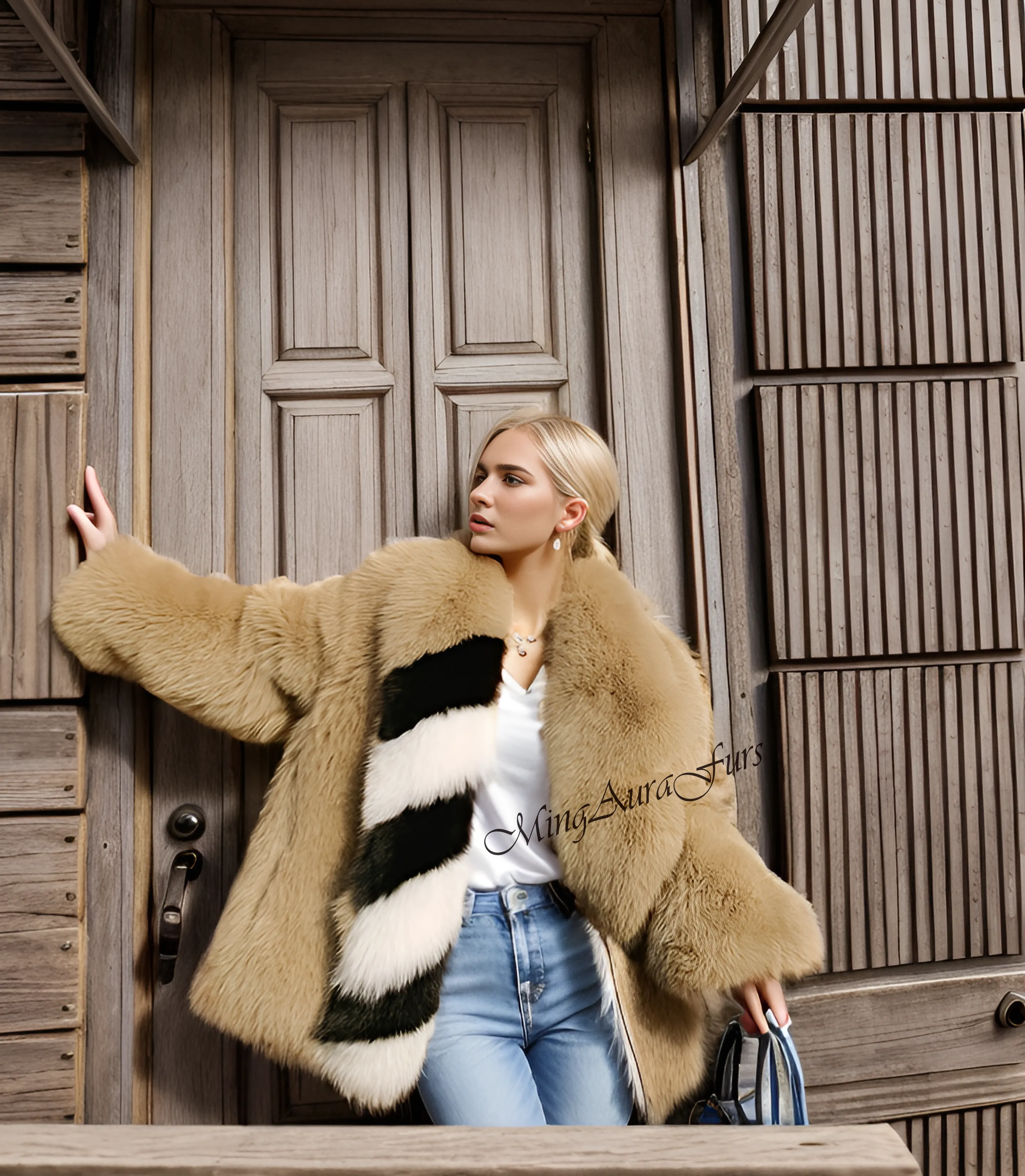 Women's Real Fox Fur Coat - White Fox - G0044